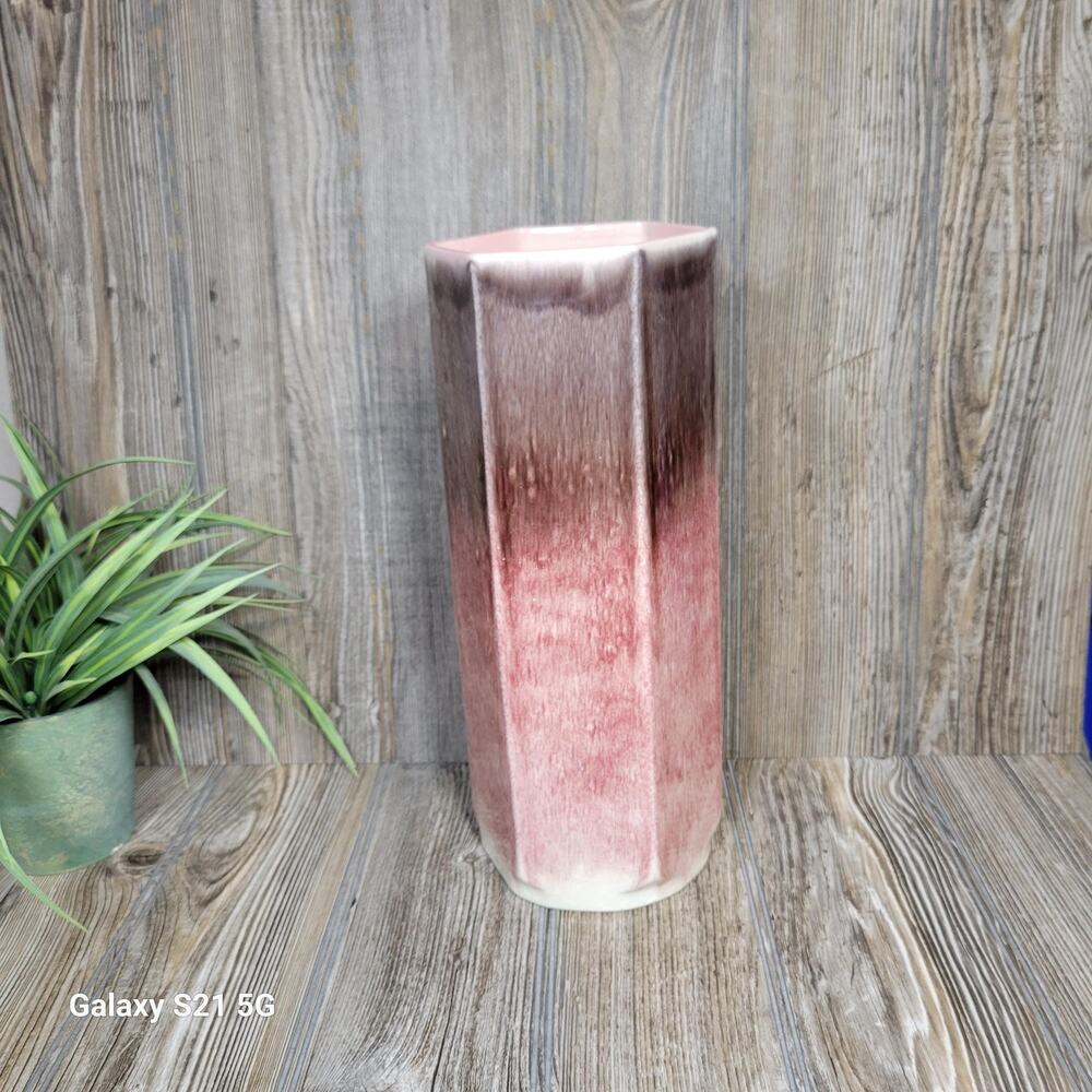 Vintage MCM Hexagon Ceramic Vase Pink Taupe Ombre Glaze Mid Century Pottery 12"